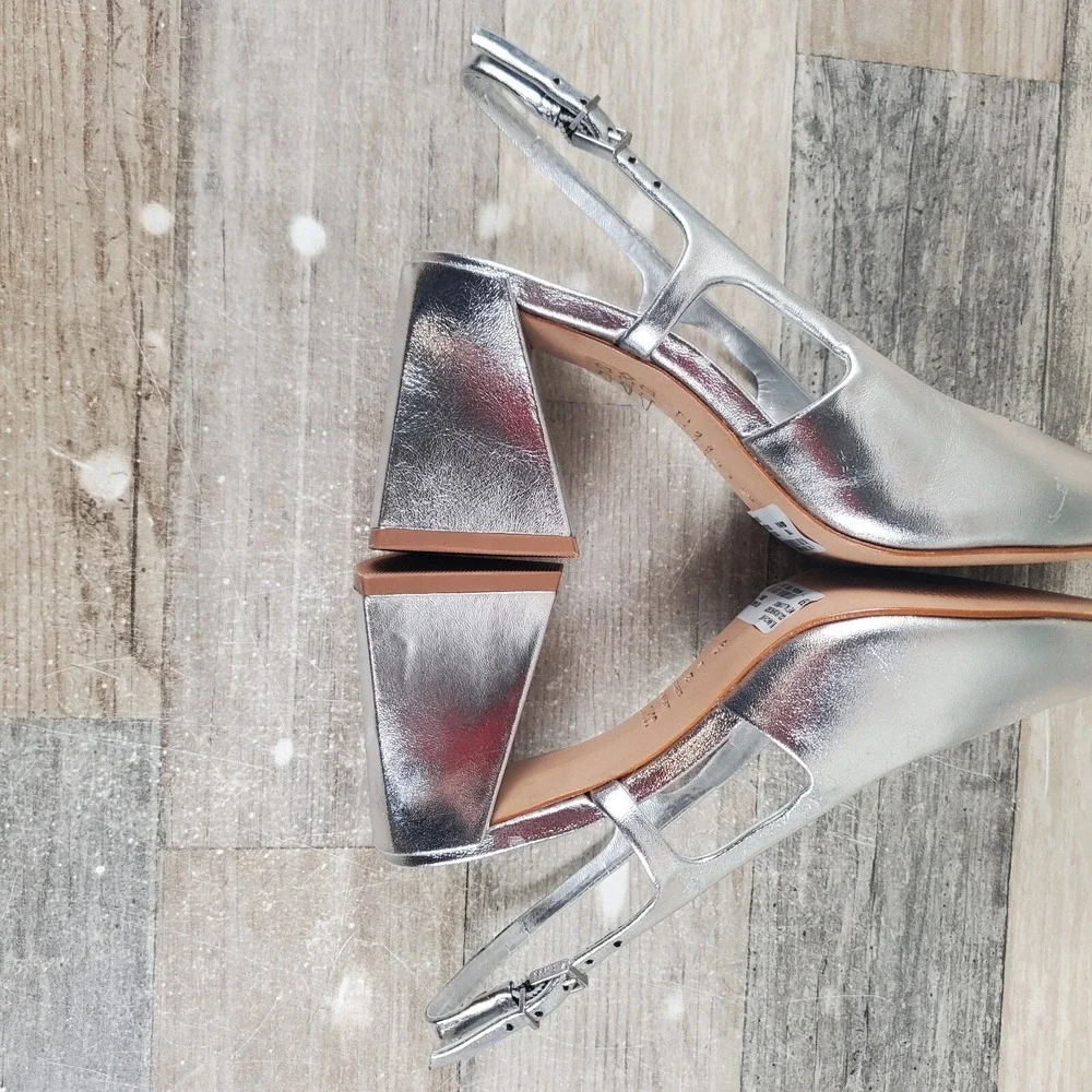 Schutz Blanche Mid Womens Pumps Sz 5 B Block Heel Prata Metallic Slingback Strap